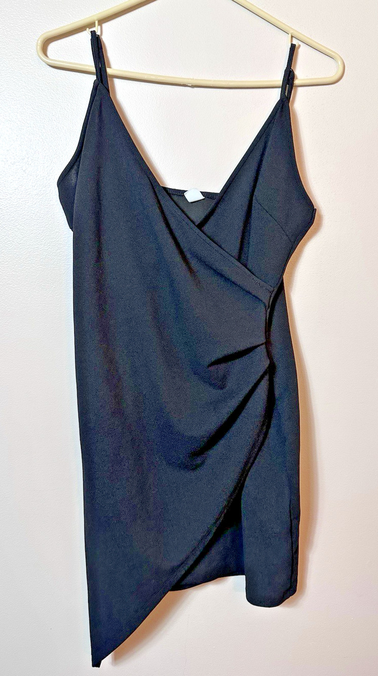 Black Faux Wrap Mini Slip Dress XL Y2K 90s Strappy Bodycon Cami Club Draped LBD - Picture 1 of 9
